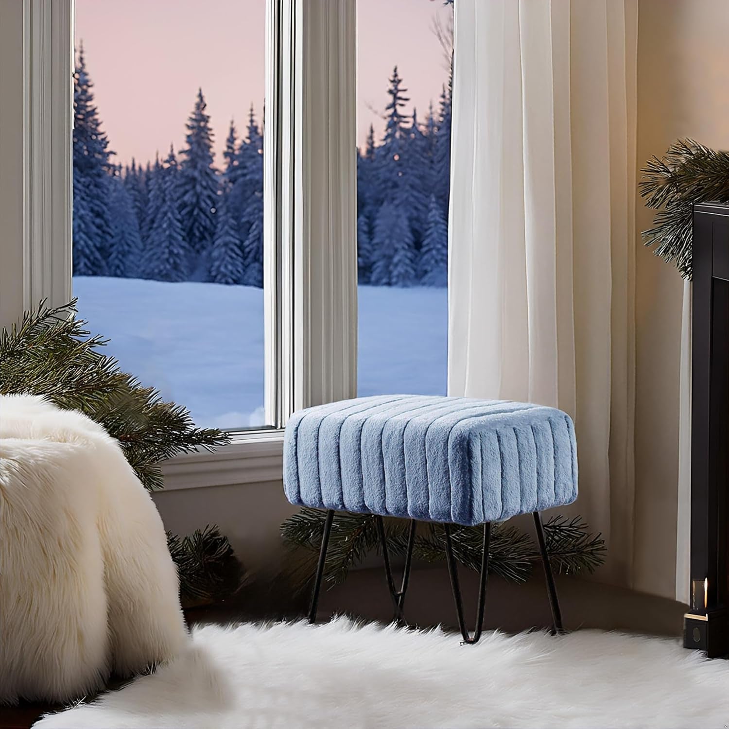 Super Mink Faux Fur Blue Ottoman Bench