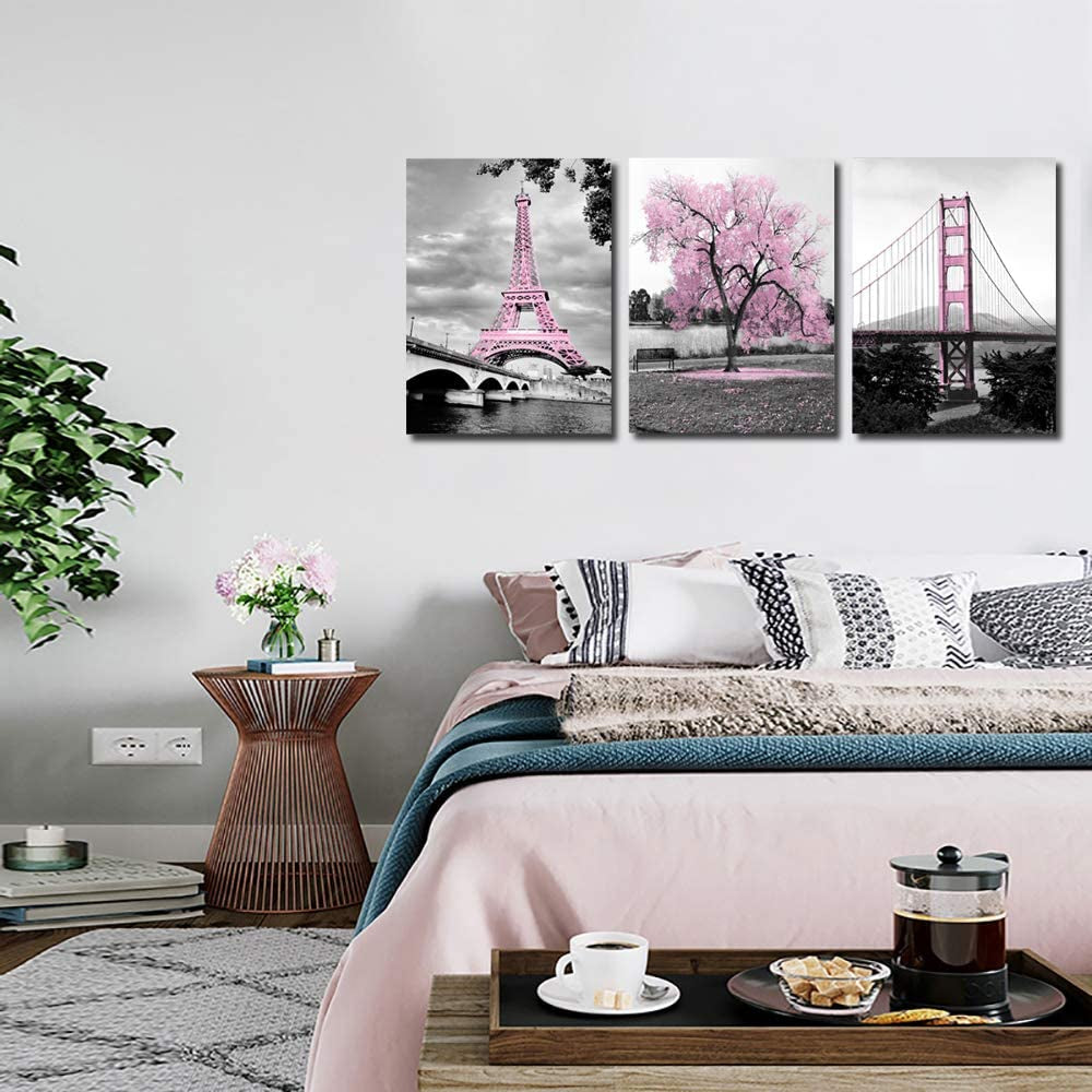 Wall Art for Bedroom Pink Tree Paris Eiffel Tower Golden Gate Bridge