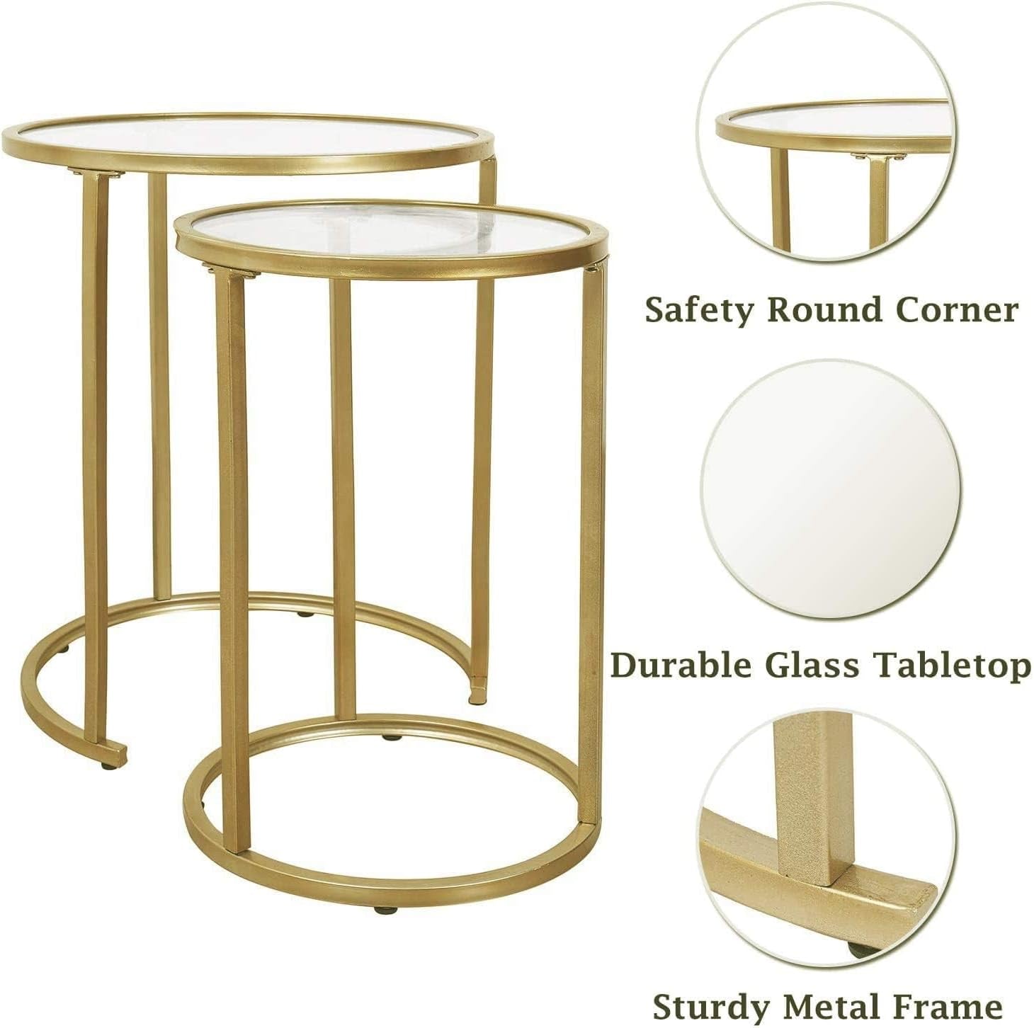 Gold Glass Nesting Side End Tables Set of 2, round Small Stacking Drink Coffee Table for Small Space, Living Room, Bedroom, Christmas, New Year