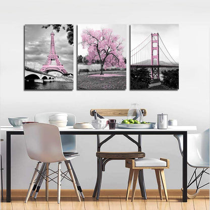 Wall Art for Bedroom Pink Tree Paris Eiffel Tower Golden Gate Bridge