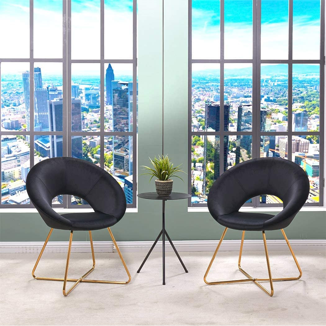 Modern Accent Velvet Chairs Dining Chairs Single Sofa Comfy Upholstered Arm Chair Living Room Furniture Mid-Century Leisure Lounge Chairs with Golden Metal Frame Legs 1 PCS Black