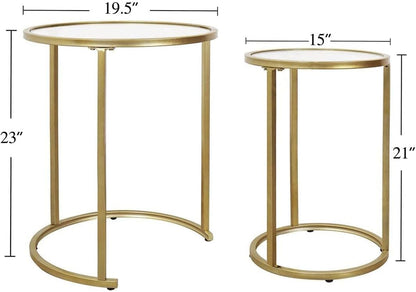 Gold Glass Nesting Side End Tables Set of 2, round Small Stacking Drink Coffee Table for Small Space, Living Room, Bedroom, Christmas, New Year