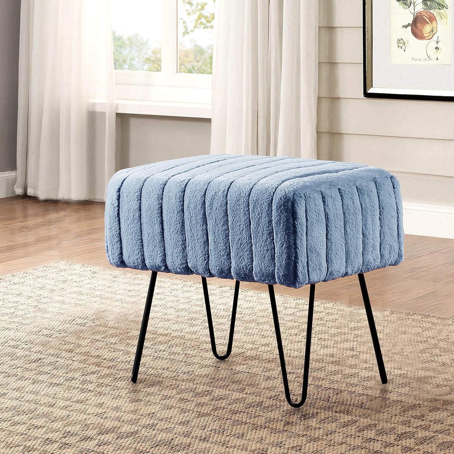 Super Mink Faux Fur Blue Ottoman Bench