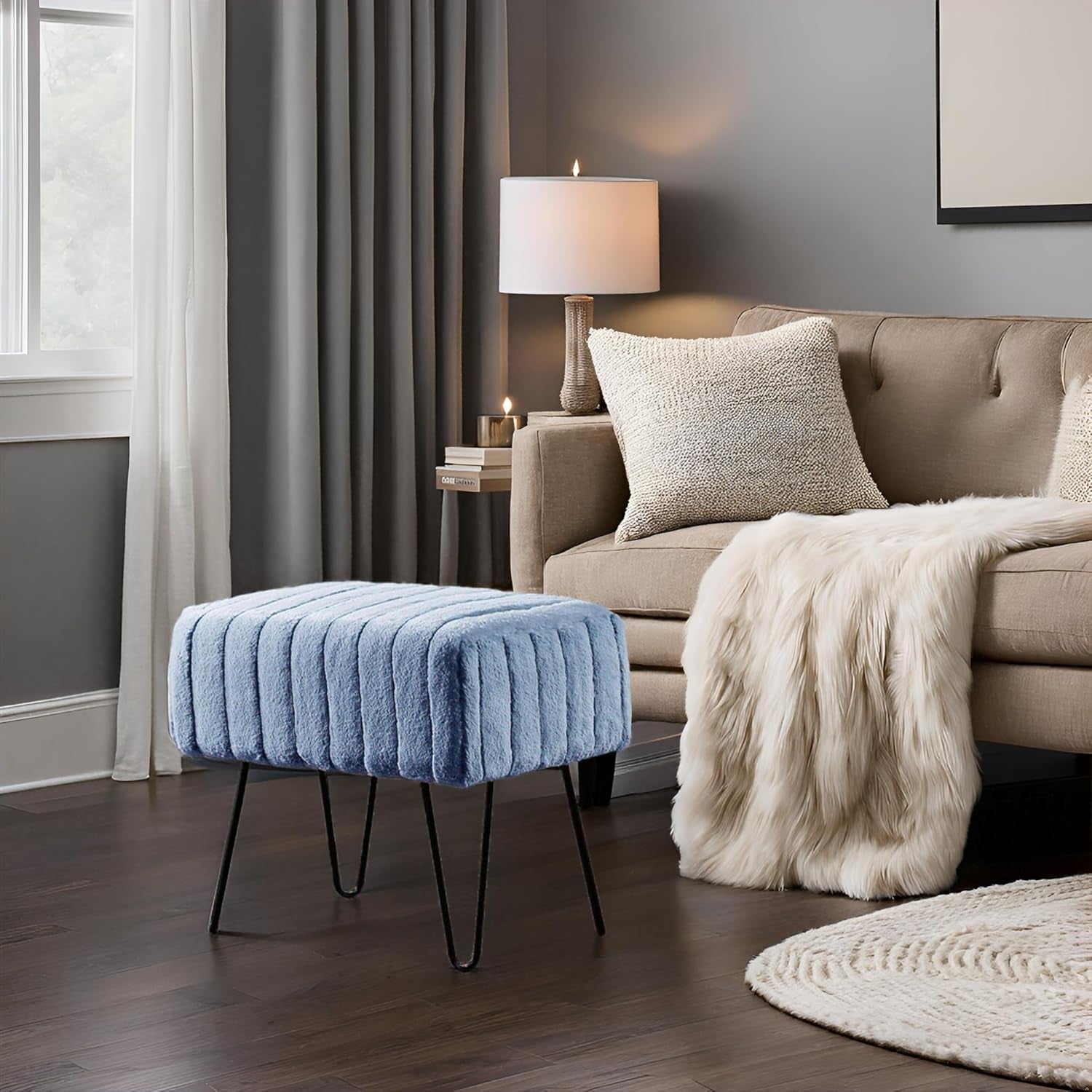 Super Mink Faux Fur Blue Ottoman Bench