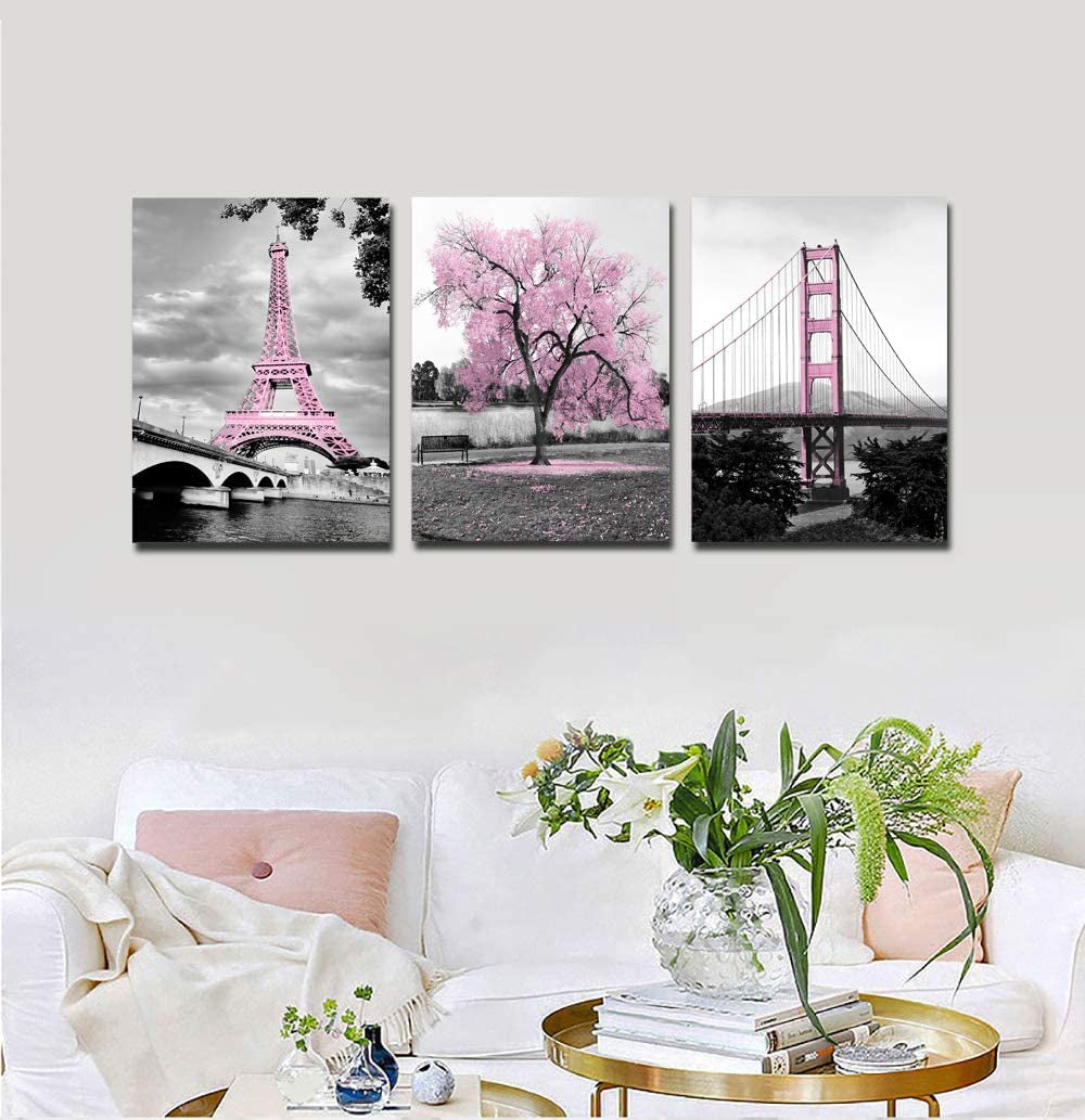 Wall Art for Bedroom Pink Tree Paris Eiffel Tower Golden Gate Bridge