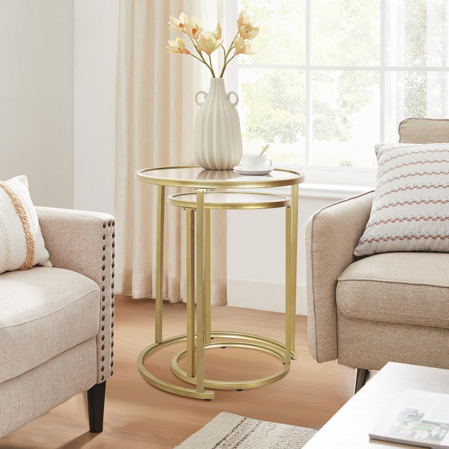 Gold Glass Nesting Side End Tables Set of 2, round Small Stacking Drink Coffee Table for Small Space, Living Room, Bedroom, Christmas, New Year