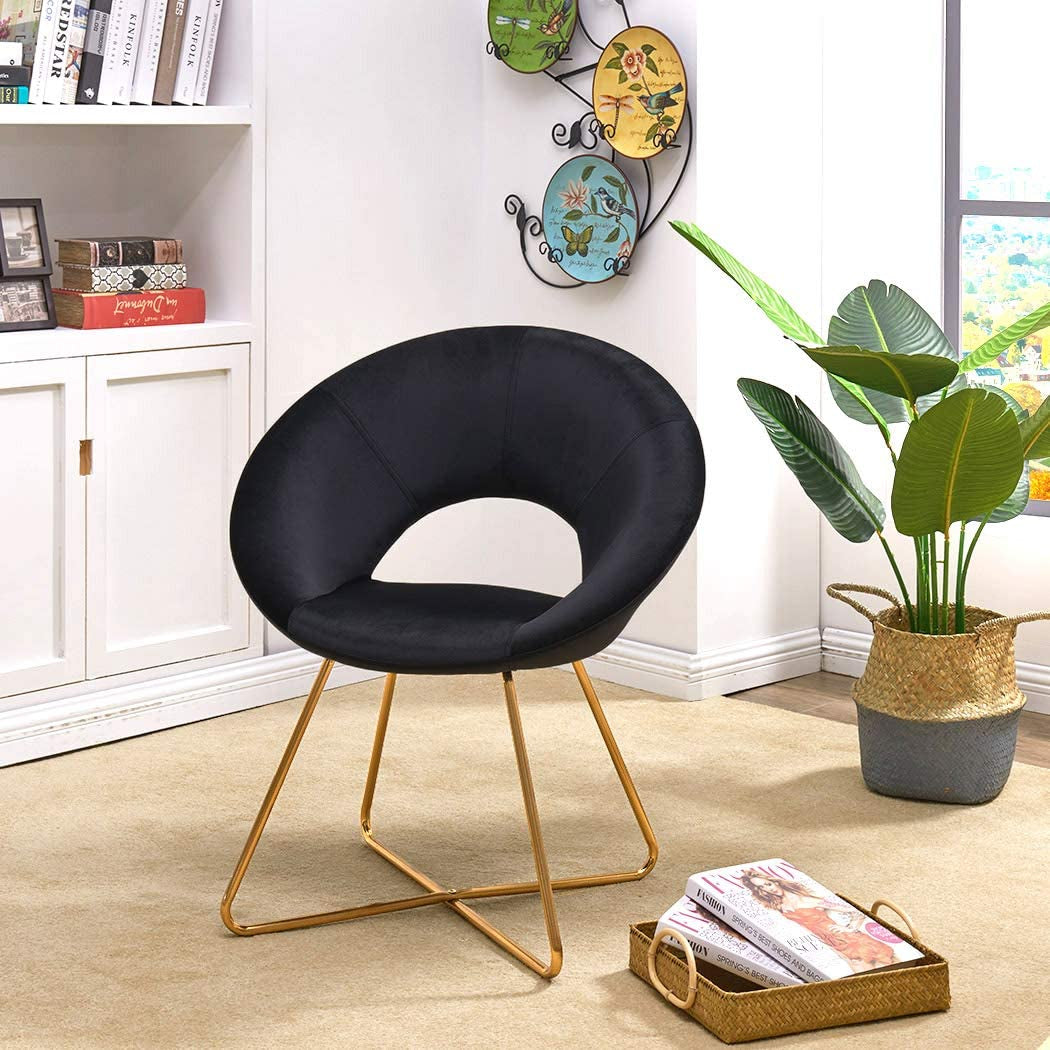 Modern Accent Velvet Chairs Dining Chairs Single Sofa Comfy Upholstered Arm Chair Living Room Furniture Mid-Century Leisure Lounge Chairs with Golden Metal Frame Legs 1 PCS Black