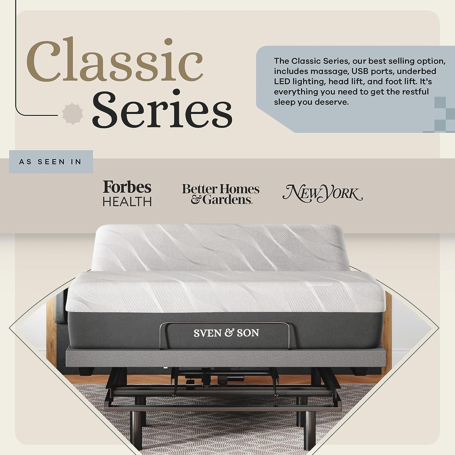 Classic Adjustable Bed Base, Head and Foot Lift, Massage, 