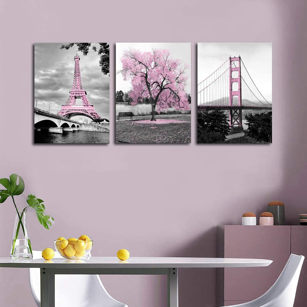 Wall Art for Bedroom Pink Tree Paris Eiffel Tower Golden Gate Bridge