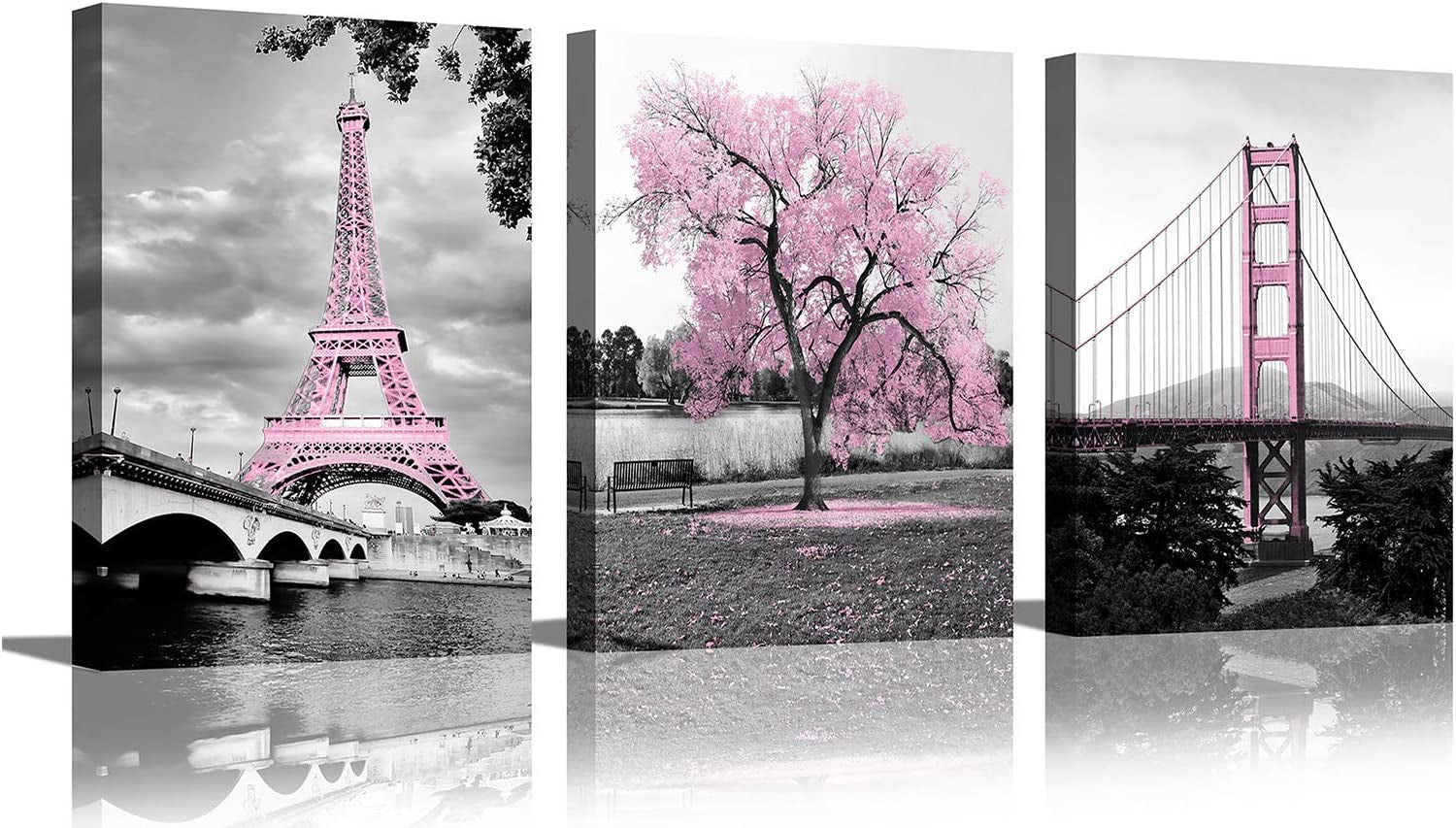 Wall Art for Bedroom Pink Tree Paris Eiffel Tower Golden Gate Bridge