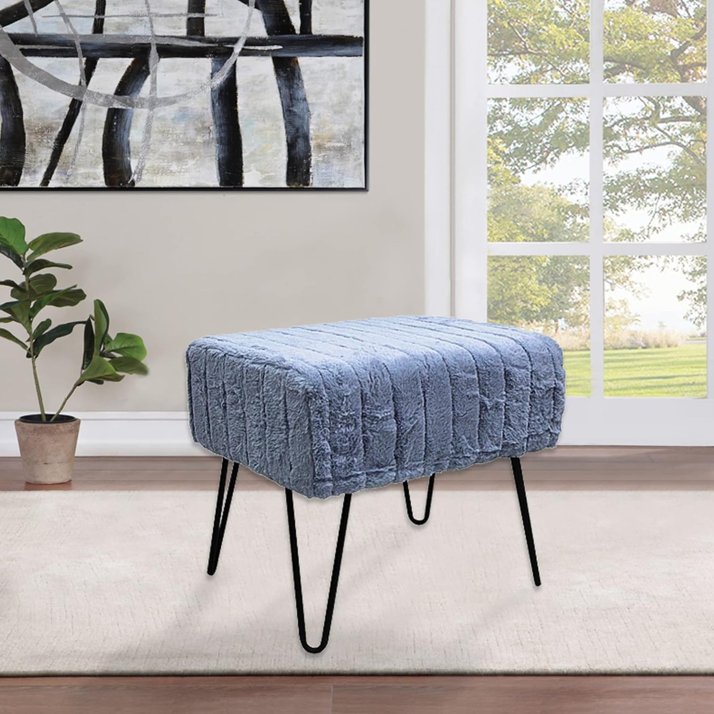 Super Mink Faux Fur Blue Ottoman Bench