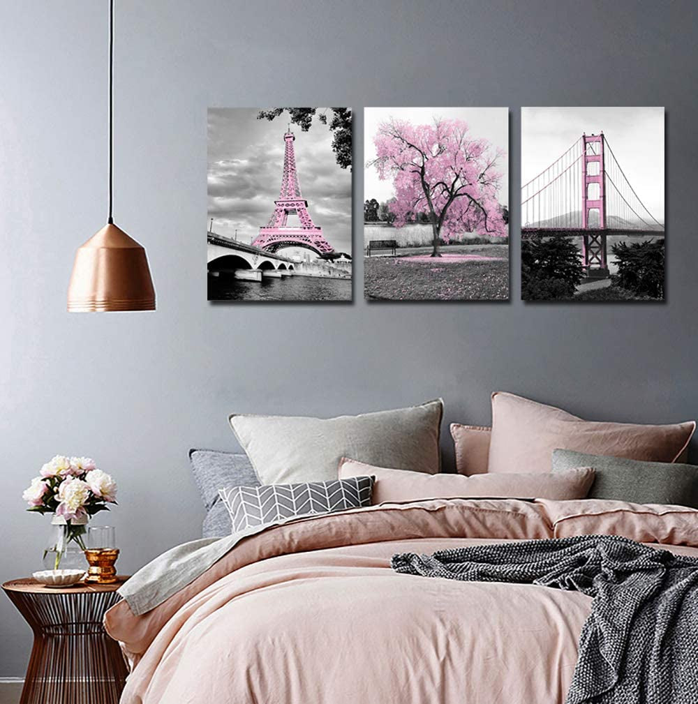 Wall Art for Bedroom Pink Tree Paris Eiffel Tower Golden Gate Bridge