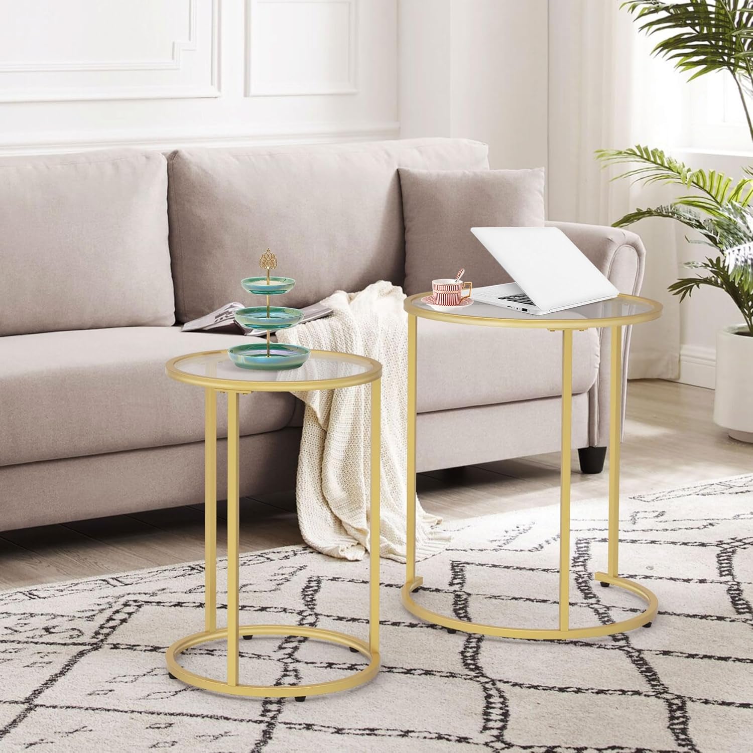 Gold Glass Nesting Side End Tables Set of 2, round Small Stacking Drink Coffee Table for Small Space, Living Room, Bedroom, Christmas, New Year